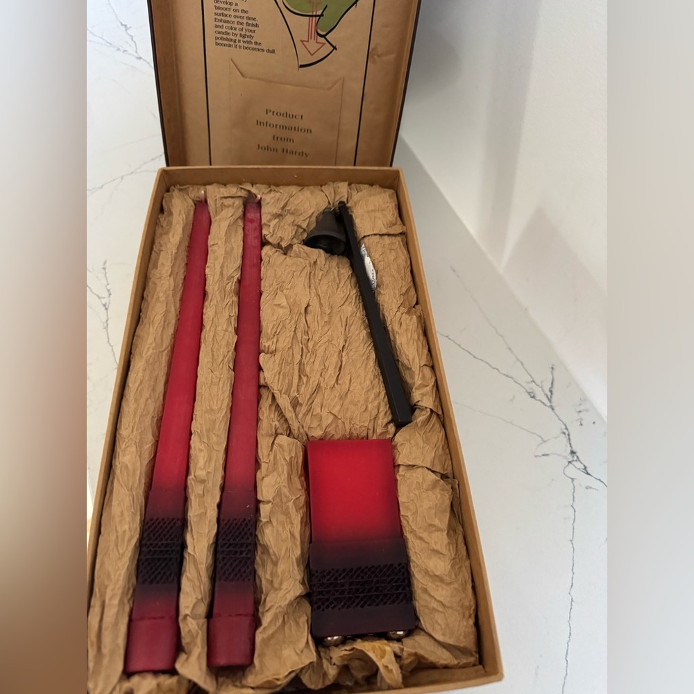 Vintage NIB John Hardy Beeswax Set of 3 Red Merlot Candles & Snuffer